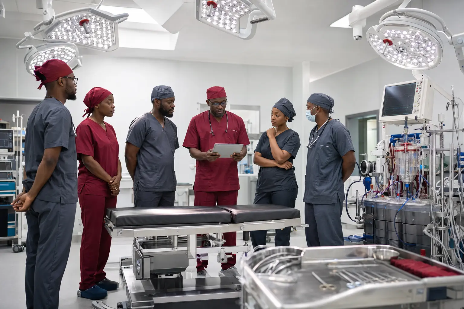 A Nigerian cardiac surgery team completing a pre-operation briefing in an advanced theatre