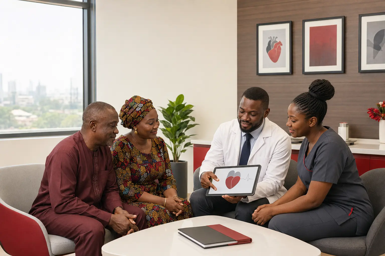 A Nigerian patient and family member discussing a heart-care plan with a cardiologist and nurse