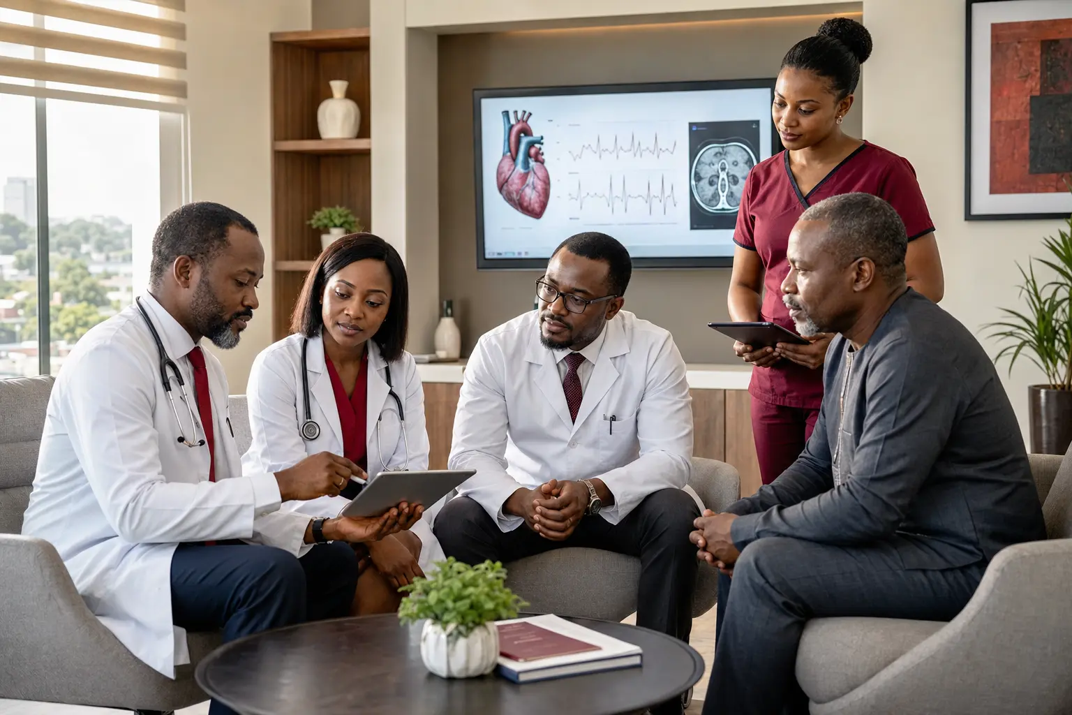 A Nigerian multispecialty team discussing a coordinated care plan with a patient